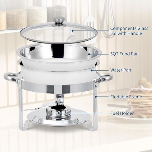 Professional Buffet Warming Solution - 5QT Round Stainless Steel Chafing Dish Set, 4 Pack with Glass Lids, Fuel Holders, Food & Water Pans - Ideal for Catering, Weddings, Parties in Kuwait