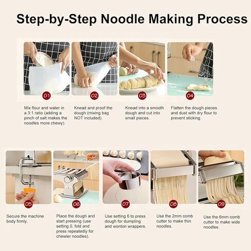 Enfmay Home Manual Dough Presser, Stainless Steel Noodle Maker Machine, Dumpling Wrapper Press with 6-Thickness Settings (0.6-4.8mm), 3 Noodle Widths (2mm/6mm/9mm), Noodle Cutter for Kitchen in Saudi Arabia
