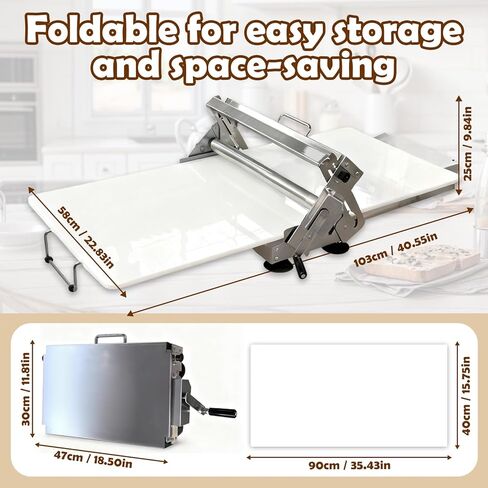 قطاعة عجين قابلة للطي (40.9 بوصة × 15.5 بوصة)، مع لوح فرد العجين اليدوي، ماكينة فرد العجين المصنوعة من الفولاذ المقاوم للصدأ بسمك 55 قابل للتعديل، سعة درجة تجارية (فضي) in Kuwait