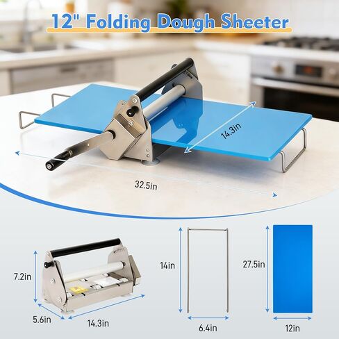 قطاعة عجين يدوية قابلة للطي مقاس 12 بوصة مع لوحتين لف، آلة لف العجين بسمك قابل للتعديل، قطاعة عجين مدمجة من الفولاذ المقاوم للصدأ للبيتزا والمعجنات والمعكرونة والفوندان وعجين البسكويت والخبز المنزلي in Kuwait