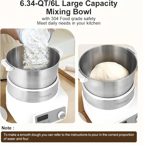 Lemuugo Electric Dough Maker with Proof Function, 6.34 Qt Bowl, Digital Timer, 2 Proofing Modes,Face-up Touch Panel,304 Stainless Steel,Kneading Device,LE-MIX6L in Saudi Arabia
