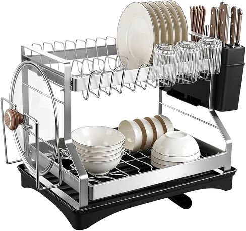 OMISTAR 2 Tier Dish Drying Rack, Large Dish Rack for Kitchen Counter, Stainless Steel Dish Rack with Drainboard and Utensil Holder, Cup Holder, Cutting Board Holder in Saudi Arabia