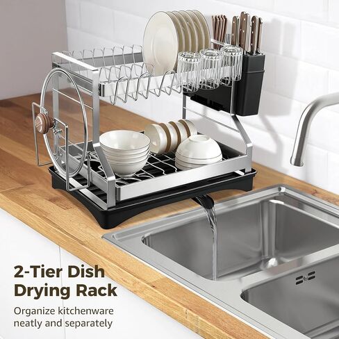 OMISTAR 2 Tier Dish Drying Rack, Large Dish Rack for Kitchen Counter, Stainless Steel Dish Rack with Drainboard and Utensil Holder, Cup Holder, Cutting Board Holder in Saudi Arabia