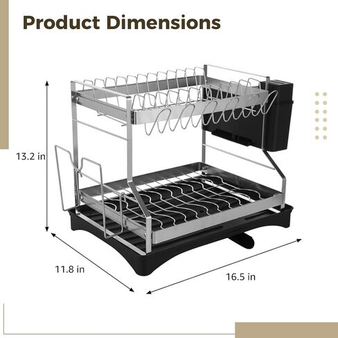 OMISTAR 2 Tier Dish Drying Rack, Large Dish Rack for Kitchen Counter, Stainless Steel Dish Rack with Drainboard and Utensil Holder, Cup Holder, Cutting Board Holder in Saudi Arabia