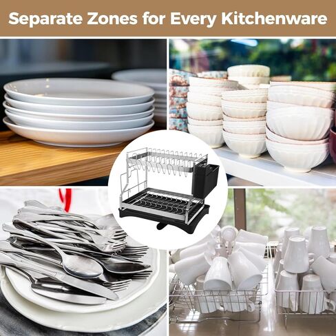 OMISTAR 2 Tier Dish Drying Rack, Large Dish Rack for Kitchen Counter, Stainless Steel Dish Rack with Drainboard and Utensil Holder, Cup Holder, Cutting Board Holder in Saudi Arabia