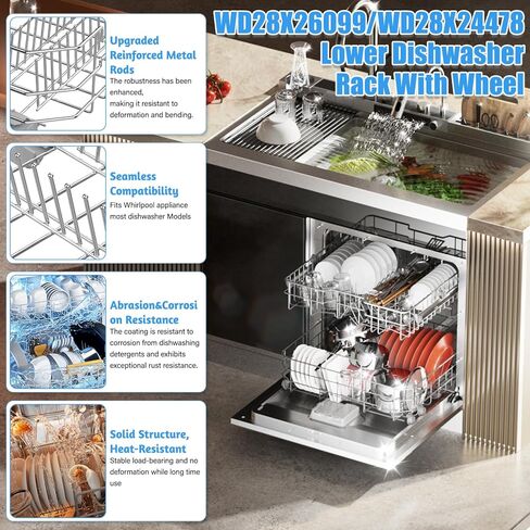 رف سفلي لغسالة الأطباق WD28X26099 مطور متوافق مع استبدال رف غسالة الأطباق GE، أجزاء الرف السفلي WD28X34744 WD28X10346 Ge GDT535PSM0SS GDF510PSM0SS GDF630PSM0SS طبق مع عجلات in Kuwait