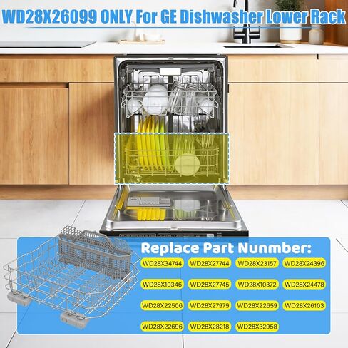 رف سفلي لغسالة الأطباق WD28X26099 مطور متوافق مع استبدال رف غسالة الأطباق GE، أجزاء الرف السفلي WD28X34744 WD28X10346 Ge GDT535PSM0SS GDF510PSM0SS GDF630PSM0SS طبق مع عجلات in Kuwait