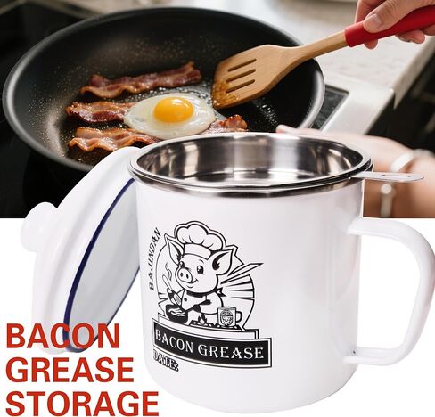 Enamel Grease Keeper with Strainer & Scraper - 40oz/15oz, Farmhouse Rustic Decor, High Temp Resistant, Dishwasher Safe, Includes Magic Sponge (Small) in Saudi Arabia