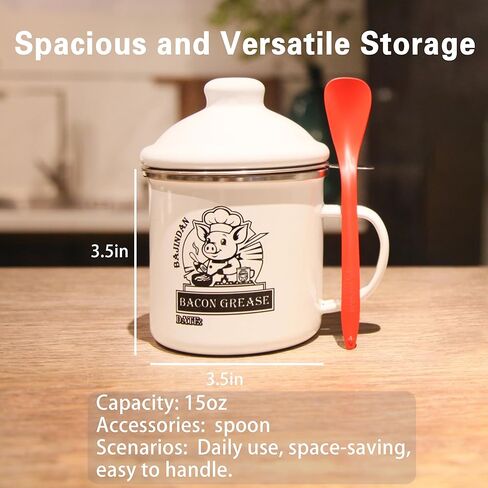 Enamel Grease Keeper with Strainer & Scraper - 40oz/15oz, Farmhouse Rustic Decor, High Temp Resistant, Dishwasher Safe, Includes Magic Sponge (Small) in Saudi Arabia