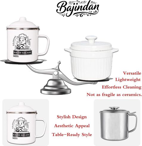 Enamel Grease Keeper with Strainer & Scraper - 40oz/15oz, Farmhouse Rustic Decor, High Temp Resistant, Dishwasher Safe, Includes Magic Sponge (Small) in Saudi Arabia