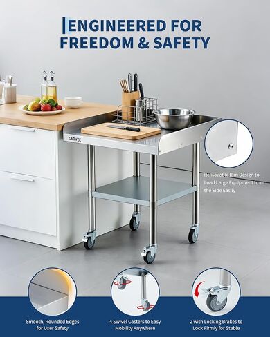 Stainless Steel Work Table with Wheels, 30x36 Inch Commercial Prep Table with Detachable 3-Sided Backsplash and Adjustable Shelf, Mobile Workbench for Kitchen Restaurant Garage in Saudi Arabia