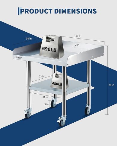 Stainless Steel Work Table with Wheels, 30x36 Inch Commercial Prep Table with Detachable 3-Sided Backsplash and Adjustable Shelf, Mobile Workbench for Kitchen Restaurant Garage in Saudi Arabia