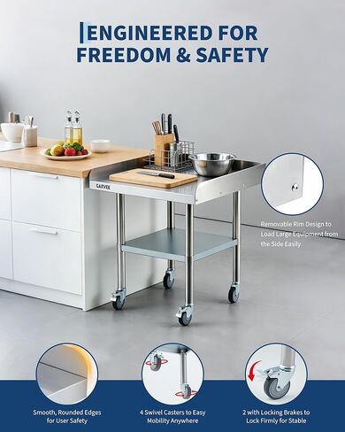 Stainless Steel Work Table with Wheels, 24x30 Inch Commercial Prep Table with Detachable 3-Sided Backsplash and Adjustable Shelf, Mobile Workbench for Kitchen Restaurant Garage in Saudi Arabia