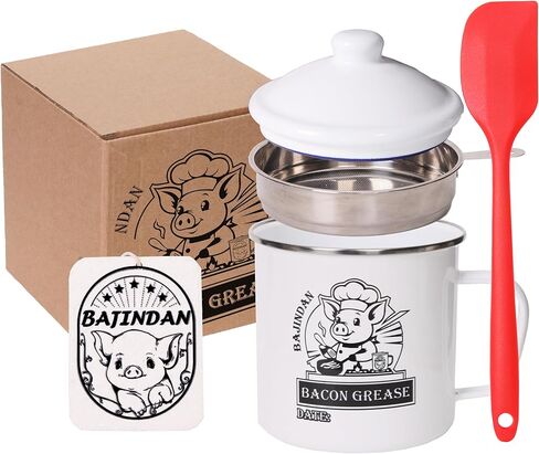 Enamel Grease Keeper with Strainer & Scraper - 40oz/15oz, Farmhouse Rustic Decor, High Temp Resistant, Dishwasher Safe, Includes Magic Sponge (Small) in Saudi Arabia