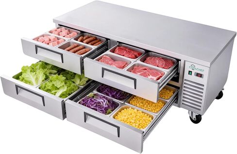 ثلاجة قاعدة الشيف مقاس 72 بوصة، ثلاجة طاولة إعداد بأدراج تجارية، مبرد سطح عمل من الفولاذ المقاوم للصدأ سعة 16 قدمًا مكعبًا مع 4 أدراج، تبريد R290 للخدمة الشاقة، معتمد من ETL in Kuwait