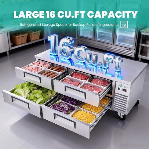 ثلاجة قاعدة الشيف مقاس 72 بوصة، ثلاجة طاولة إعداد بأدراج تجارية، مبرد سطح عمل من الفولاذ المقاوم للصدأ سعة 16 قدمًا مكعبًا مع 4 أدراج، تبريد R290 للخدمة الشاقة، معتمد من ETL in Kuwait
