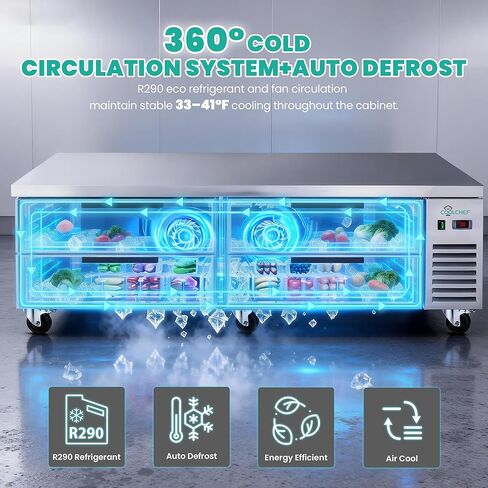 ثلاجة قاعدة الشيف مقاس 72 بوصة، ثلاجة طاولة إعداد بأدراج تجارية، مبرد سطح عمل من الفولاذ المقاوم للصدأ سعة 16 قدمًا مكعبًا مع 4 أدراج، تبريد R290 للخدمة الشاقة، معتمد من ETL in Kuwait