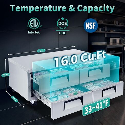 COOLCHEF 72" Chef Base Refrigerator, Commercial Drawer Prep Table Refrigerator, 16 Cu.Ft Stainless Steel Worktop Cooler with 4 Drawers, Heavy Duty R290 Cooling, ETL Certified in Saudi Arabia