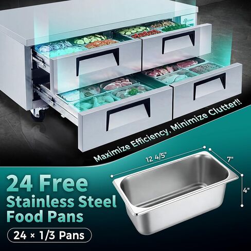 COOLCHEF 72" Chef Base Refrigerator, Commercial Drawer Prep Table Refrigerator, 16 Cu.Ft Stainless Steel Worktop Cooler with 4 Drawers, Heavy Duty R290 Cooling, ETL Certified in Saudi Arabia