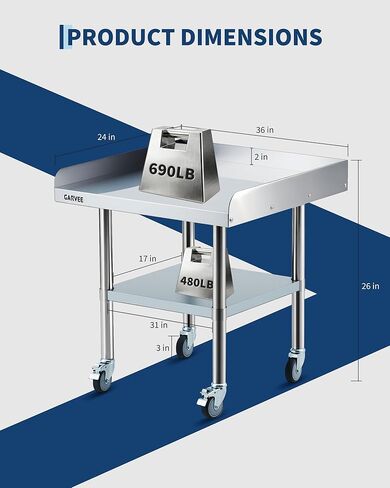 Stainless Steel Work Table with Wheels, 24x36 Inch Commercial Prep Table with Detachable 3-Sided Backsplash and Adjustable Shelf, Mobile Workbench for Kitchen Restaurant Garage in Saudi Arabia