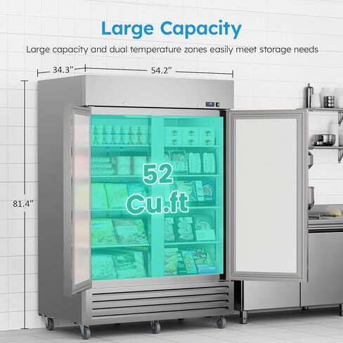 48" W Commercial Refrigerator Freezer Combo,38 Cu.ft Industrial Fridge and Freezer Combo,All Stainless Steel Design,8 Adjustable Shelves,Pure Copper Compressor,Built-in LED Light in Kuwait