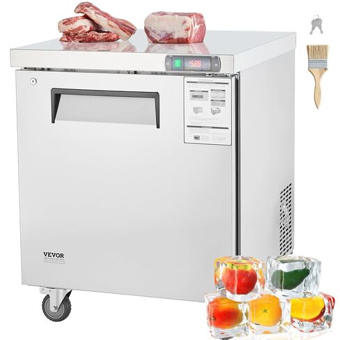 VEVOR 28" W Commercial Freezer Worktop, 7.4 Cu. Ft Undercounter Freezers with/Casters, <0~-8℉>Defrost Frozen Prep Table, Single Door Stainless Steel Food Frozen Prep Station for Restaurant, Diner in Saudi Arabia