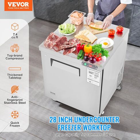 VEVOR 28" W Commercial Freezer Worktop, 7.4 Cu. Ft Undercounter Freezers with/Casters, <0~-8℉>Defrost Frozen Prep Table, Single Door Stainless Steel Food Frozen Prep Station for Restaurant, Diner in Saudi Arabia