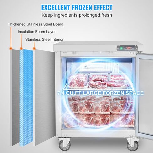 VEVOR 28" W Commercial Freezer Worktop, 7.4 Cu. Ft Undercounter Freezers with/Casters, <0~-8℉>Defrost Frozen Prep Table, Single Door Stainless Steel Food Frozen Prep Station for Restaurant, Diner in Saudi Arabia