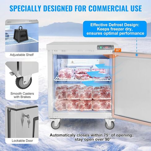 VEVOR 28" W Commercial Freezer Worktop, 7.4 Cu. Ft Undercounter Freezers with/Casters, <0~-8℉>Defrost Frozen Prep Table, Single Door Stainless Steel Food Frozen Prep Station for Restaurant, Diner in Saudi Arabia