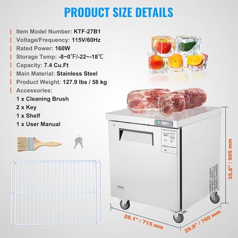 VEVOR 28" W Commercial Freezer Worktop, 7.4 Cu. Ft Undercounter Freezers with/Casters, <0~-8℉>Defrost Frozen Prep Table, Single Door Stainless Steel Food Frozen Prep Station for Restaurant, Diner in Saudi Arabia