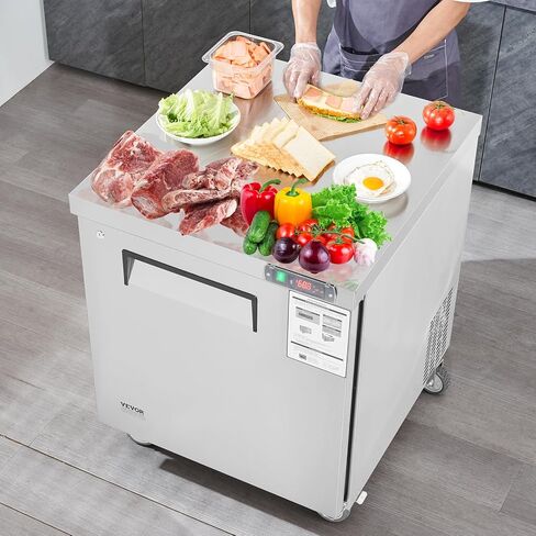 VEVOR 28" W Commercial Freezer Worktop, 7.4 Cu. Ft Undercounter Freezers with/Casters, <0~-8℉>Defrost Frozen Prep Table, Single Door Stainless Steel Food Frozen Prep Station for Restaurant, Diner in Saudi Arabia