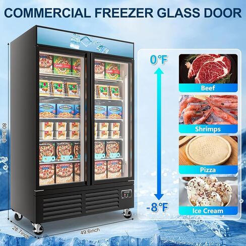 فريزر عمودي تجاري ببابين زجاجيين، فريزر عرض تجاري بمساحة 25.8 قدم مكعب مزود بإضاءة LED ورف قابل للتعديل للمتجر والمطاعم والمطبخ ومعتمد من ETL in Kuwait