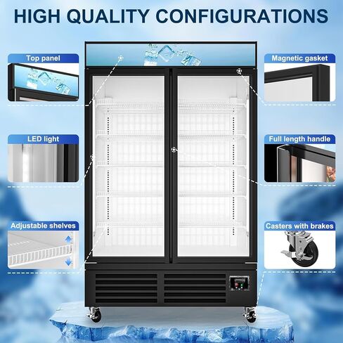 فريزر عمودي تجاري ببابين زجاجيين، فريزر عرض تجاري بمساحة 25.8 قدم مكعب مزود بإضاءة LED ورف قابل للتعديل للمتجر والمطاعم والمطبخ ومعتمد من ETL in Kuwait