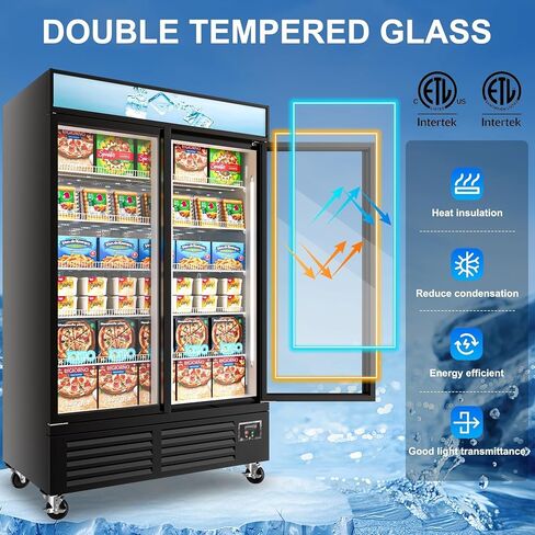 فريزر عمودي تجاري ببابين زجاجيين، فريزر عرض تجاري بمساحة 25.8 قدم مكعب مزود بإضاءة LED ورف قابل للتعديل للمتجر والمطاعم والمطبخ ومعتمد من ETL in Kuwait