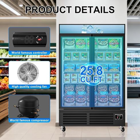 فريزر عمودي تجاري ببابين زجاجيين، فريزر عرض تجاري بمساحة 25.8 قدم مكعب مزود بإضاءة LED ورف قابل للتعديل للمتجر والمطاعم والمطبخ ومعتمد من ETL in Kuwait