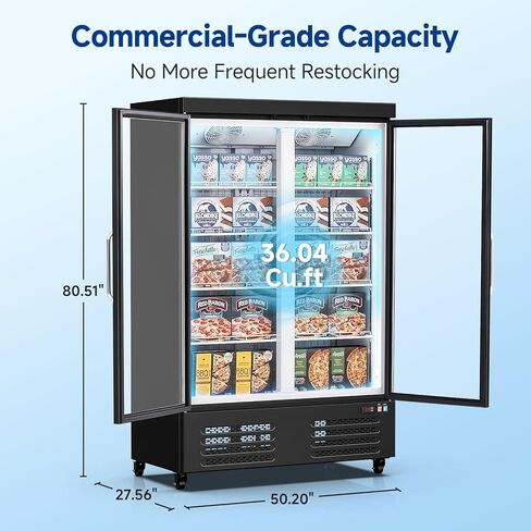 BODEGACOOLER Commercial Freezer Upright, 2 Door Standing Display Freezer With Glass Door, 36 Cu.Ft Large Capacity, -15℉-5℉ Temperature Range, Auto Defrost, For Ice Cream, Frozen Foods in Kuwait
