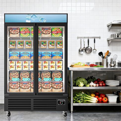 فريزر عمودي تجاري ببابين زجاجيين، فريزر عرض تجاري بمساحة 25.8 قدم مكعب مزود بإضاءة LED ورف قابل للتعديل للمتجر والمطاعم والمطبخ ومعتمد من ETL in Kuwait