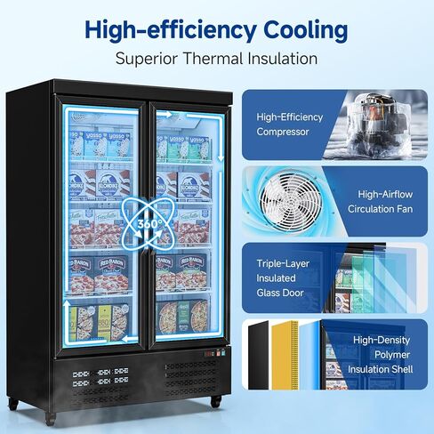 BODEGACOOLER Commercial Freezer Upright, 2 Door Standing Display Freezer With Glass Door, 36 Cu.Ft Large Capacity, -15℉-5℉ Temperature Range, Auto Defrost, For Ice Cream, Frozen Foods in Kuwait