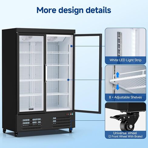 BODEGACOOLER Commercial Freezer Upright, 2 Door Standing Display Freezer With Glass Door, 36 Cu.Ft Large Capacity, -15℉-5℉ Temperature Range, Auto Defrost, For Ice Cream, Frozen Foods in Kuwait