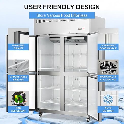 48"W Commercial Freezer 4 Door Stainless Steel Reach-in Solid Door Upright Fan Cooling 36 Cu.ft 2 Section Freezer -8-1°F for Restaurant, Bar, Shop in Saudi Arabia