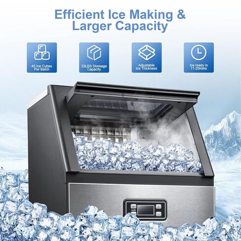 Kismile Commercial Ice Machine, 100Lbs/24H, 45 Cubes/Batch in 11-20 Mins, Stainless Steel Freestanding with Dual Self-Cleaning & 2 Water Inlet Modes for Restaurant/Bar/Home/Office Offices in Kuwait