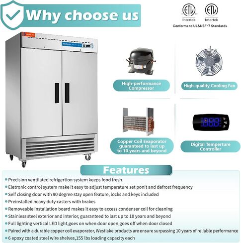 WESTLAKE 48" W Commercial Refrigerator 2 door 2 Section Stainless Steel Reach in Solid door Upright Fan Cooling 36 Cu.ft Cooler for Restuarant, Bar, Shop, etc in Saudi Arabia