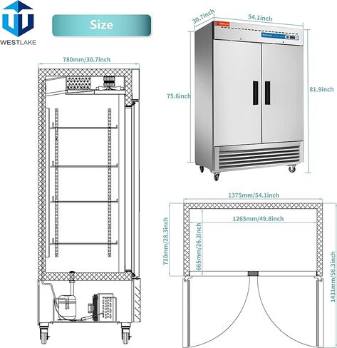 WESTLAKE 48" W Commercial Refrigerator 2 door 2 Section Stainless Steel Reach in Solid door Upright Fan Cooling 36 Cu.ft Cooler for Restuarant, Bar, Shop, etc in Saudi Arabia