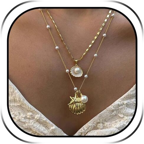 Shell Necklaces for Women Gold Starfish Necklace Pearl Seashell Necklace Shell Necklace Summer Beach Vacation Outfits Jewelry Gifts for Women Stocking Stuffers in Kuwait
