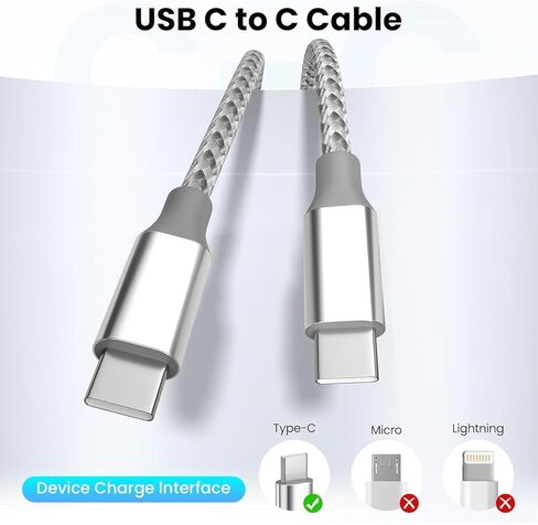 كابل KYEHD USB C، 3 حزم 10أقدام 60 وات شحن سريع كابل USB C إلى USB C، كابل شاحن متين من النوع C لهاتف iPhone 17/16/15/iPad MacBook CarPlay والمزيد - رمادي أبيض in Kuwait
