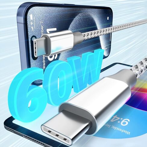 كابل KYEHD USB C، 3 حزم 10أقدام 60 وات شحن سريع كابل USB C إلى USB C، كابل شاحن متين من النوع C لهاتف iPhone 17/16/15/iPad MacBook CarPlay والمزيد - رمادي أبيض in Kuwait