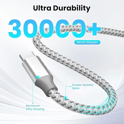 كابل KYEHD USB C، 3 حزم 10أقدام 60 وات شحن سريع كابل USB C إلى USB C، كابل شاحن متين من النوع C لهاتف iPhone 17/16/15/iPad MacBook CarPlay والمزيد - رمادي أبيض in Kuwait