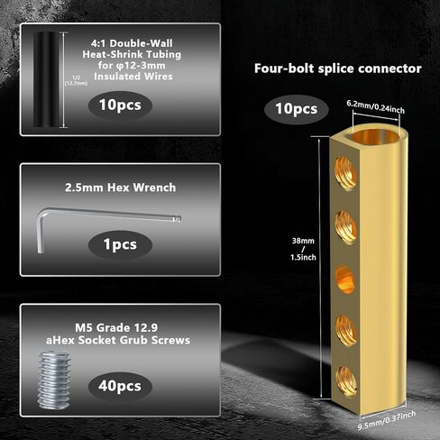 طقم صواميل موصلات أسلاك قياس 10-6 AWG من GKG - أطراف توصيل أسلاك نحاسية 80 أمبير مع مؤخرة انكماش حراري، براغي M5 ومفتاح ربط، موصل سلك مجعد مقاوم للماء للسيارات الشمسية البحرية in Kuwait
