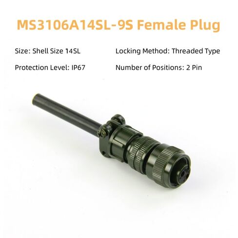 MIL-DTL-5015 سلسلة الموصل الصناعي، MS3106A14S-9S موصلات دائرية أنثى مقاومة للماء 2 دبوس اتصالات لحام إنهاء موصل ملولب مستقيم in Kuwait