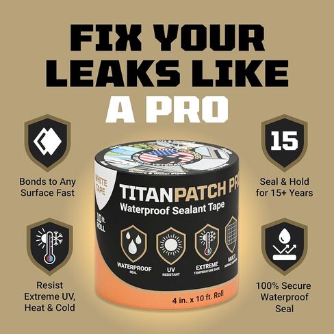 شريط مانع للتسرب مقاوم للماء من TITANPATCH PRO - أبيض 4 بوصة × 10 بوصة - يمنع التسربات بسرعة ويبقى مغلقًا لمدة تزيد عن 15 عامًا - يلتصق بالمركبات الترفيهية والأسقف وحمامات السباحة والقوارب والمزاريب - مصمم للطقس القاسي (-40 درجة فهرنهايت إلى 190 درجة فهرن in Kuwait